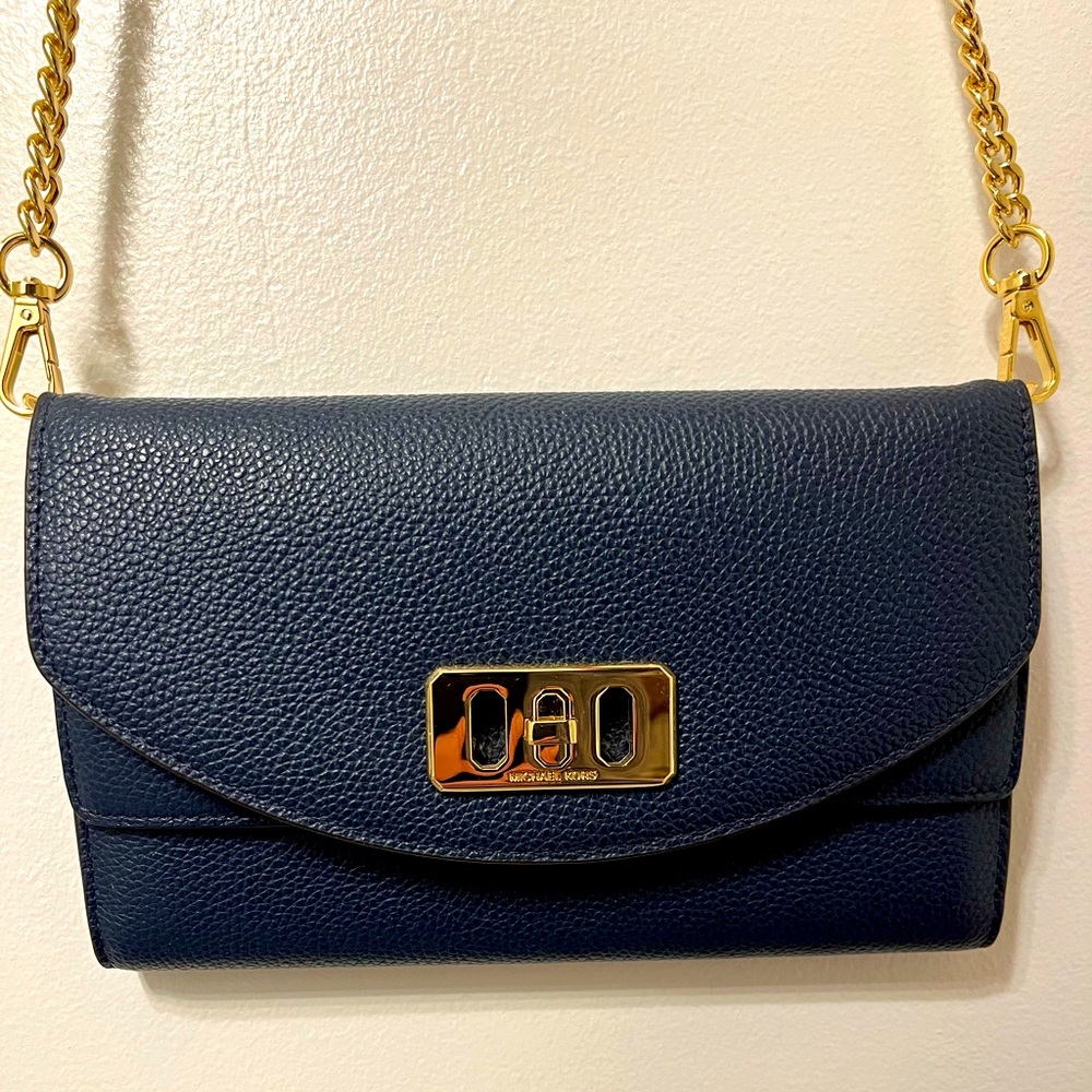 Michael Kors Karson Wallet Clutch Leather Navy Crossbody New